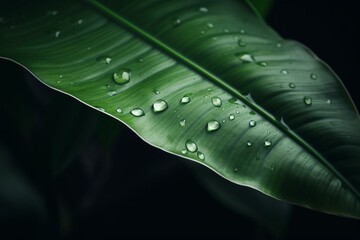 A banana leaf with a droplet of water on it. Generative AI