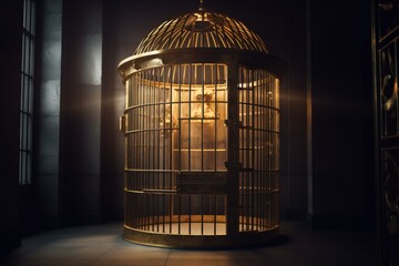 A golden 3D cage featuring an unlocked doorway. Generative AI