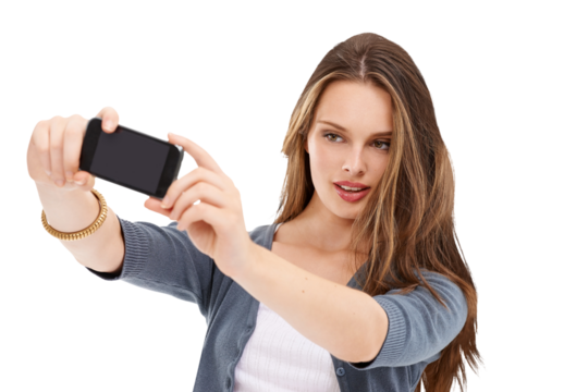 Woman, selfie and beauty with face, photography or profile picture for blog, web or app by transparent png background. Isolated model, girl and online influencer with social network content creator