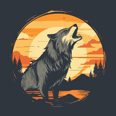 A lone wolf howling at the moon against the backdrop of a forest and sunset. For your sticker or logo design © seracus