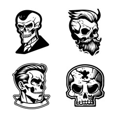Black and white drawings of skulls and zombies on a white background. For your sticker or tattoo design