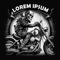 Black and white skeleton biker on a motorcycle. For your sticker or tattoo design.
