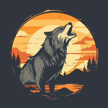 recommend clip art: A lone wolf howling at the moon against the backdrop of a forest and sunset. For your sticker or logo design