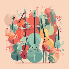 Creative drawing of an orchestra with musicians and notes on a pink background. For your sticker or logo design.