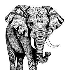 Flat black and white elephant in an ornament on a white background. For your sticker or tattoo design.