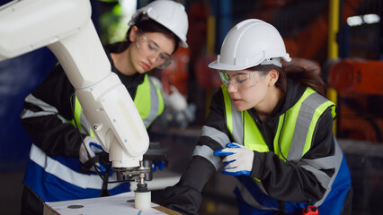Skilled Technician Monitoring and Adjusting Industrial Robot in Advanced Manufacturing Facility