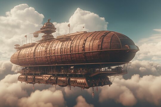 A 3D steampunk airship flies through clouds. Generative AI