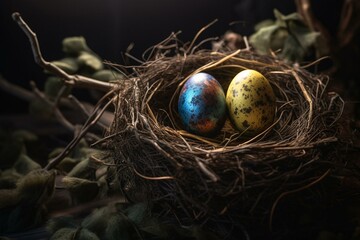Easter eggs in a nest, celebrating Easter. Generative AI