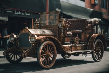 Unique steampunk vehicle in LA. Generative AI
