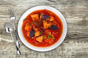 Tasty hot meat dish in bowl
