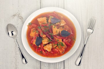 Tasty hot meat dish in bowl