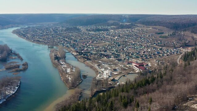 Southern Urals, Krasny Klyuch village. High water on the Ufa River. Aerial view.