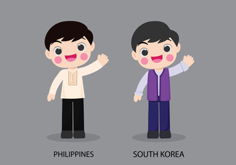Philippines peopel in national dress. Set of South Korea man dressed in national clothes. Vector flat illustration.