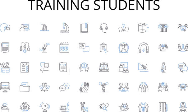 Training students line icons collection. Sunbathing, Surfing, Seashells, Tanning, Sandcastles, Relaxation, Swimming vector and linear illustration. Water,Ocean,Waves outline signs set Generative AI