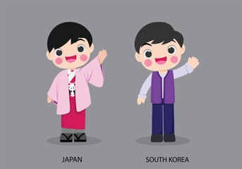 Obraz na płótnie Canvas Japan peopel in national dress. Set of South Korea man dressed in national clothes. Vector flat illustration.