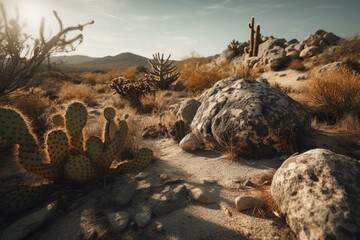 Fototapeta na wymiar Dominant cactus in dry landscape: rattlesnake territory. Generative AI