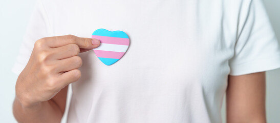 Transgender Day and LGBT pride month,  LGBTQ+ or LGBTQIA+ concept. hand holding blue, pink and white heart shape for Lesbian, Gay, Bisexual, Transgender, Queer and Pansexual community