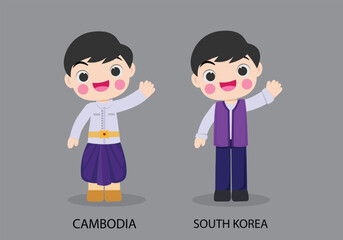 Obraz na płótnie Canvas Cambodia peopel in national dress. Set of South Korea man dressed in national clothes. Vector flat illustration.