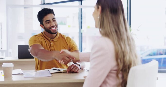 Laughing, business people and handshake for partnership, deal or introduction in workplace. Funny, man and woman shaking hands for agreement, b2b or onboarding, congratulations or welcome to company.