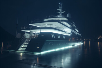 Superyacht with illuminated deck,  Generative AI