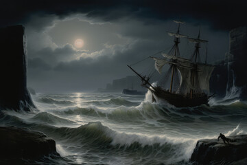 A cold, dark seascape with a spectral ship is depicted in this illustration. There's a Flying Dutchman out there in the distance, generative AI