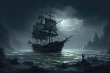 Fototapeta na wymiar A cold, dark seascape with a spectral ship is depicted in this illustration. There's a Flying Dutchman out there in the distance, generative AI
