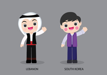 Obraz na płótnie Canvas Lebanon peopel in national dress. Set of South Korea man dressed in national clothes. Vector flat illustration.