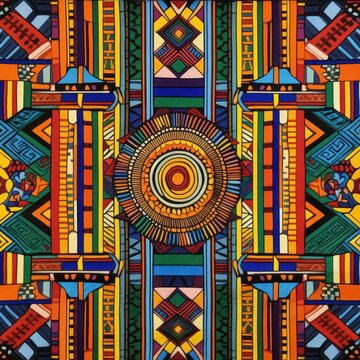 Ndebele style pattern print on fabric aesthetic and repetitive background. Generative ai.
