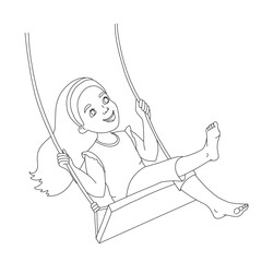 Cute long haired girl sitting on rope swing. Outline vector illustration isolated on white
