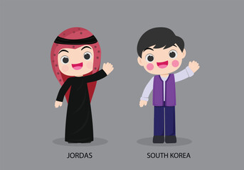 Jordan peopel in national dress. Set of South Korea man dressed in national clothes. Vector flat illustration.