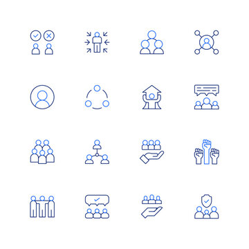 People icon set. Editable stroke. Thin line icon. Duotone color. Containing confrontation, me, networking, connections, user, connect, growth, chat, group, people, target, civil rights, teamwork.