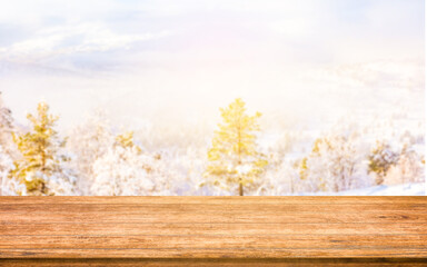 Naklejka na ściany i meble Wooden board empty table background landscape snow