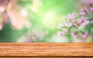 Wooden board empty table background flower sping