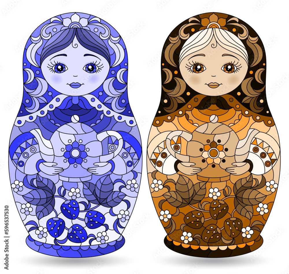 Wall mural A set of illustrations in the style of stained glass with Russian dolls, toys isolated on a white background, tone blue and brown