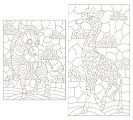 Fototapeta na wymiar A set of contour illustrations in the style of stained glass with cartoon giraffe and zebra, dark contours on a white background