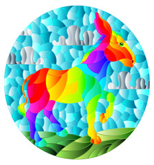 Illustration in the style of a stained glass window with a funny rainbow donkey on a background of meadows and a blue cloudy sky, oval image