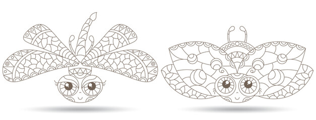 A set of contour illustrations in the style of stained glass with cute cartoon ladybirds,dragonflies, dark outlines isolated on a white background