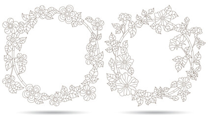 Set contour illustrations of stained glass with floral framework,dark outlines on white background