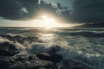 Fototapeta na wymiar Scenic ocean landscape with storm clouds and rays of sunlight illuminating the waves. Generative AI