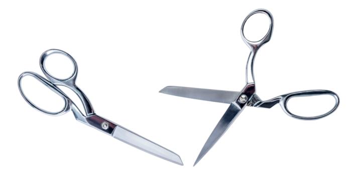 Open and closed metal tailor's scissors. Hobby and sewing tool. Close-up. Without background. Set, collage.
