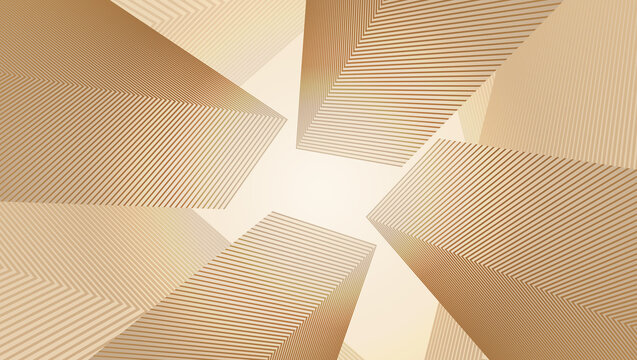 Look up at the abstract building made up of golden lines.Abstract geometric shape.  Futuristic background design.