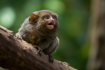 Naklejka na ściany i meble Cebuella pygmaea, or the pygmy marmoset, sticking its tongue out, generative AI