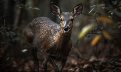 Photo of duiker, known as forest-dwelling antelope, gracefully leaping through a dense thicket of foliage, showcasing the lush greenery and earthy tones of the forest. Generative AI