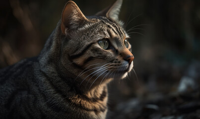 Fototapeta premium close up photo of domestic shorthair on blurry forest background. Generative AI