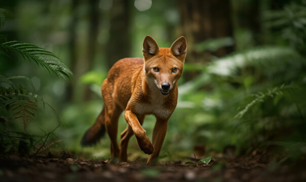 Dhole - Agile Hunter in Lush Forest Environment. Photo of dhole (Cuon alpinus), captured in full stride as it navigates the dense, tropical undergrowth of its native habitat. Generative AI