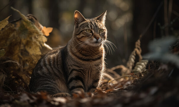 sunset photo of domestic shorthair sitting on a forest path. Generative AI