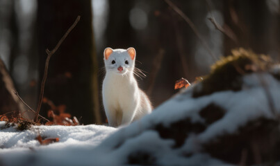 Ermine in the Wild: Photo of ermine, also called stoat, captured in midst of its hunt for prey in snowy woodland setting to accentuate striking white coat & piercing eyes of the stoat. Generative AI