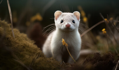 photo of ermine, also called stoat in its natural habitat. Generative AI