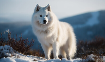 Obraz premium Arctic Guardian: Photo of Eskimo dog, majestically standing on a snowy landscape of the Arctic wilderness, with piercing eyes and a thick white coat. Generative AI