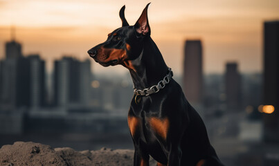 Urban Guardian: Photo of Doberman Pinscher, alert and poised with a backdrop of an urban cityscape capturing the breed's fearless and loyal nature. Generative AI